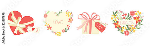 Valentine's Day with Love Heart and Flowers Vector Set