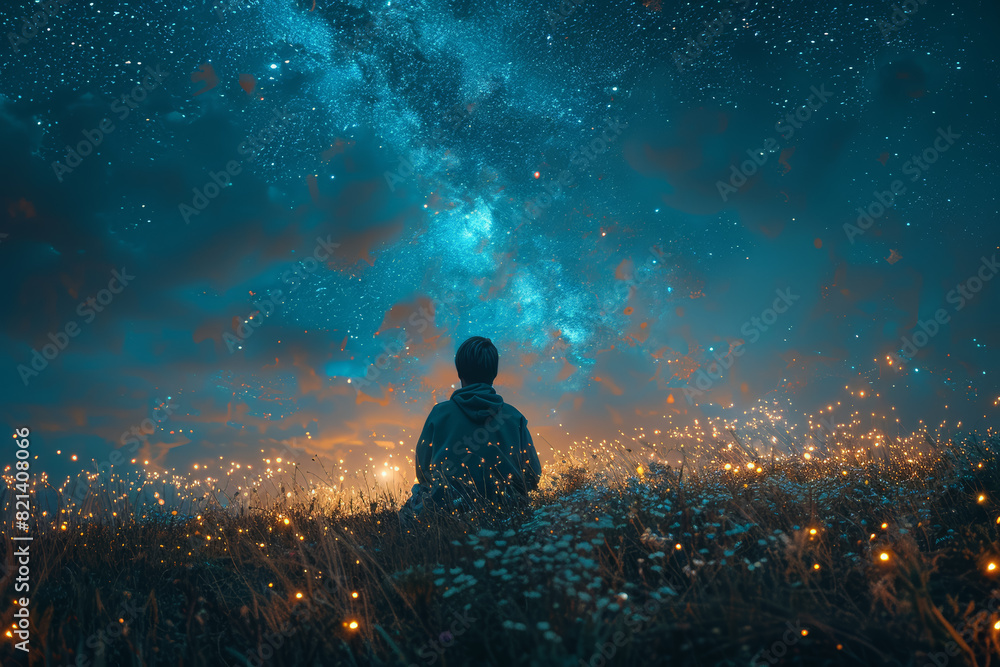 Contemplating the mysteries of the universe while gazing at the stars on a clear night sky. Concept of cosmic pondering and existential reflection. Generative Ai.