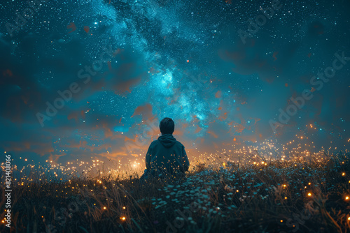 Contemplating the mysteries of the universe while gazing at the stars on a clear night sky. Concept of cosmic pondering and existential reflection. Generative Ai.