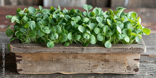 A wooden planter box brimming with fresh  healthy green microgreens  perfectly set on a rustic wooden table background in a serene environment