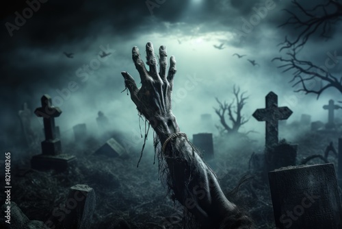 Zombie hand rising out of the grave. Zombie Hand Rising Out Of A Graveyard In Spooky Night. Horror Movie Concept. Zombie Halloween concept with copy space. 3d illustration. 