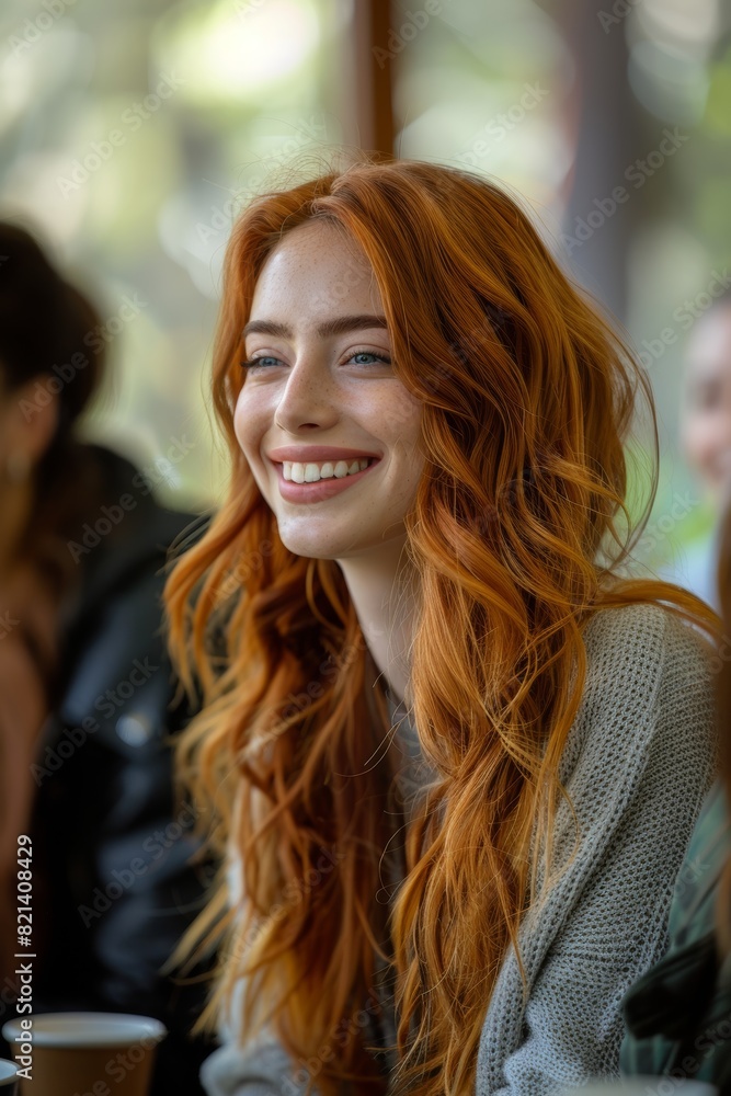 An engaging portrait of a young woman with vibrant red hair, sitting in a cozy caf? and exuding a natural, radiant smile, creating a warm and inviting atmosphere