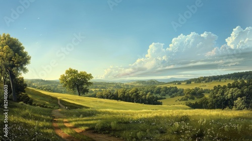 Summer meadow landscape with a path and trees