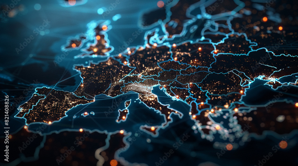 Digital map of Europe, European Union network and connectivity, data transfer and cyber tech, business and information exchange and telecommunication Digital map of Europe, European Union network and connectivity, data transfer and cyber tech, business and information exchange and telecommunication