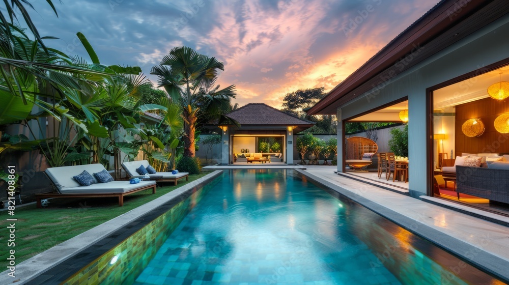 Fototapeta premium Cozy and relaxing atmosphere in the pool area during a sunset. generative ai