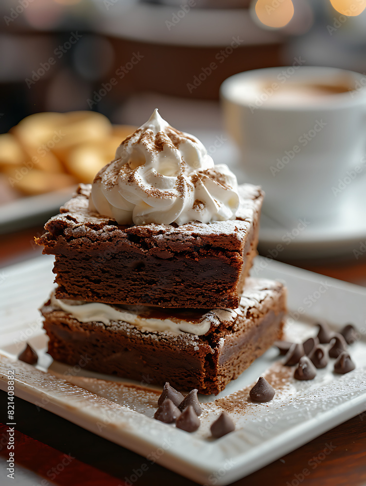 Brownie with Whipped Cream on Top: Food Recipe Photography Brownie with Whipped Cream on Top: Food Recipe Photography