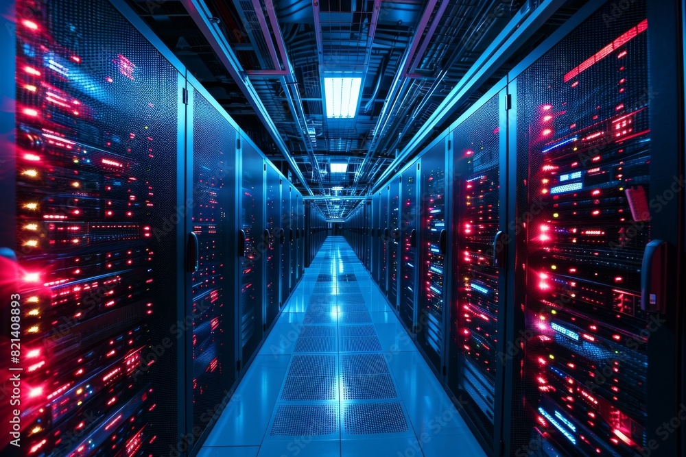 Computer network server room, Crowded server room in action, AI generated Computer network server room, Crowded server room in action, AI generated