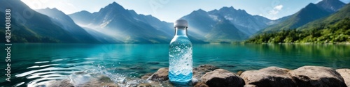 A clear bottle of water takes center stage in this abstract background, symbolizing hydration and natural purity against the idyllic setting of a mountain lake. photo