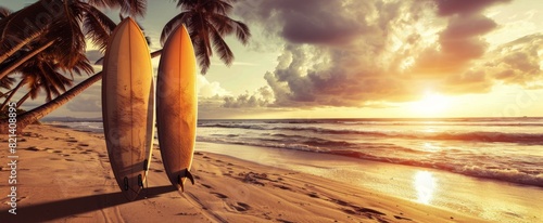 Two Surfboards Resting on Sandy Beach © ArtCookStudio