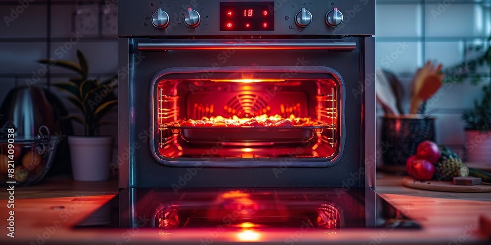 A beautifully designed modern oven in a well-lit kitchen, with the door open and food inside under the glowing red heating elements, showcasing a cozy cooking atmosphere A beautifully designed modern oven in a well-lit kitchen, with the door open and food inside under the glowing red heating elements, showcasing a cozy cooking atmosphere