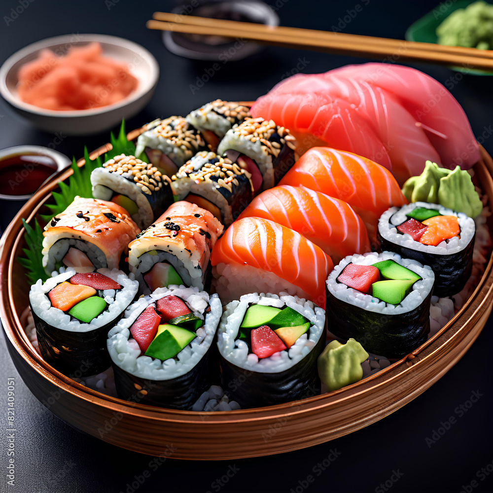 A clean and vibrant image of a sushi bento box, including assorted sushi rolls, pickled ginger, and wasabi, with a minimalist and contemporary background. A clean and vibrant image of a sushi bento box, including assorted sushi rolls, pickled ginger, and wasabi, with a minimalist and contemporary background.