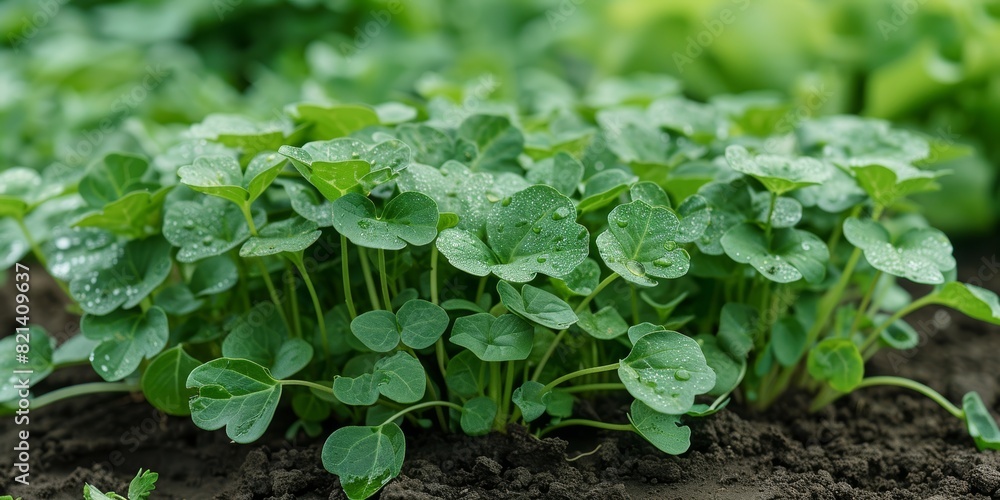 Close-up of freshly watered young green plants sprouting with dew drops on vibrant leaves in a thriving garden bed Close-up of freshly watered young green plants sprouting with dew drops on vibrant leaves in a thriving garden bed
