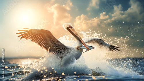 A pelican catching a fish with water splashing and bright coastal on background photo