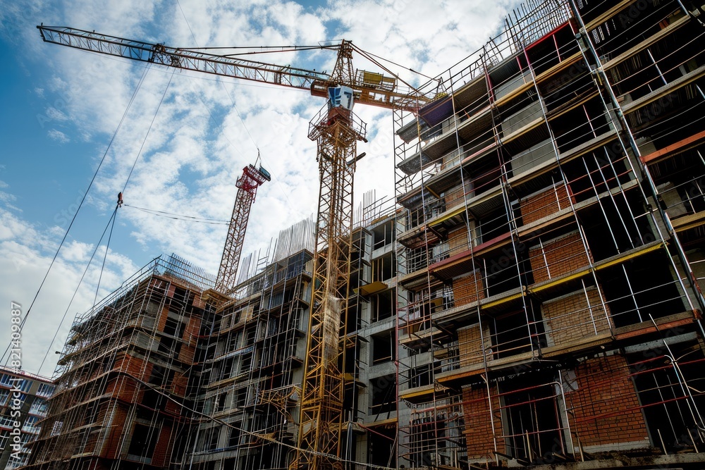 Construction site with cranes and scaffolding