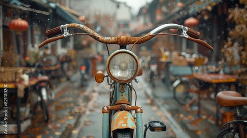 An intricately detailed, vintage bicycle with a rusted frame, parked on a narrow, cobblestone street adorned with falling autumn leaves and Chinese lanterns, evoking a nostalgic sense of history