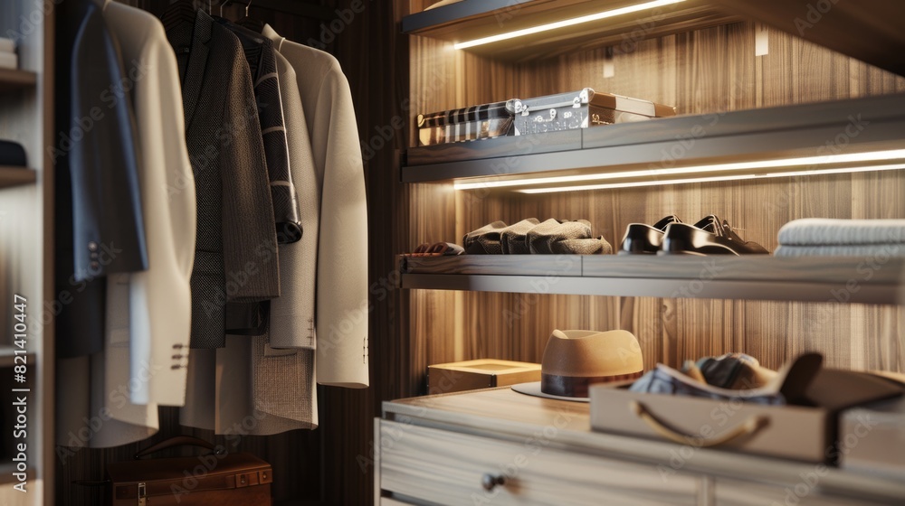 interior of brown wooden closet, with organized spaces generative ai interior of brown wooden closet, with organized spaces generative ai