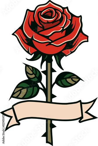 Classic Old School Rose and Banner Tattoo. add your custom Text to this Traditional rose and banner scroll tattoo flash design. Rose available in EPS SVG PNG