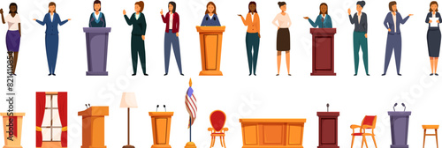 Woman president vector. A group of people in suits and ties are standing behind podiums. Scene is professional and formal