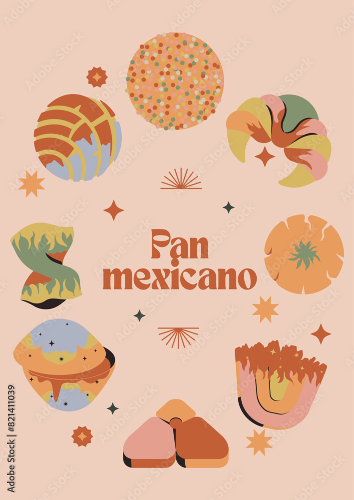 Set de ilustración de pan mexicano, Polvorón, Beso, concha, galleta Set de ilustración de pan mexicano, Polvorón, Beso, concha, galleta