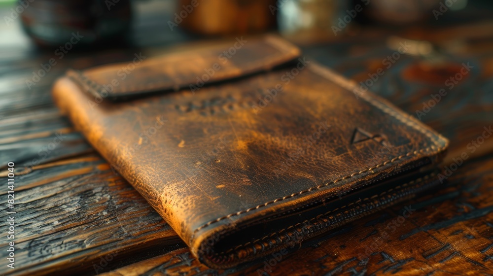 A close-up view of an intricately detailed, aged leather journal resting on a rustic wooden table, highlighting its rich textures and artistic craftsmanship A close-up view of an intricately detailed, aged leather journal resting on a rustic wooden table, highlighting its rich textures and artistic craftsmanship