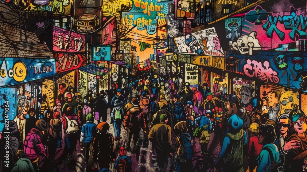 Surreal Street Art Illustration With Colorful Crowd And Dynamic Composition