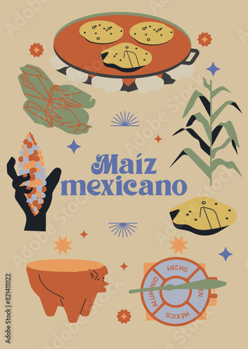 Set de iconos y doodles,  maíz mexicano, comal, tamales, prensa de tortillas, molcamilpa, mujer, metate, harina de maíz, elote, tortilla, mazorca, riqueza cultura, agricultura, tierra. Niztamalización