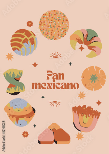 Set de ilustración de pan mexicano, Polvorón, Beso, concha, galleta