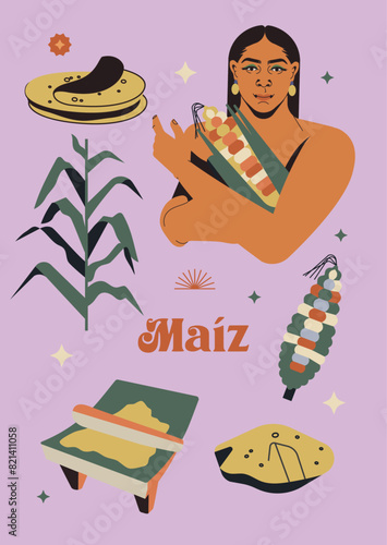 Set de iconos y doodles de elementos relacionados al maíz mexicano, milpa, mujer, metate, harina de maíz, elote, tortilla, mazorca, riqueza cultura, agricultura, tierra. Niztamalización