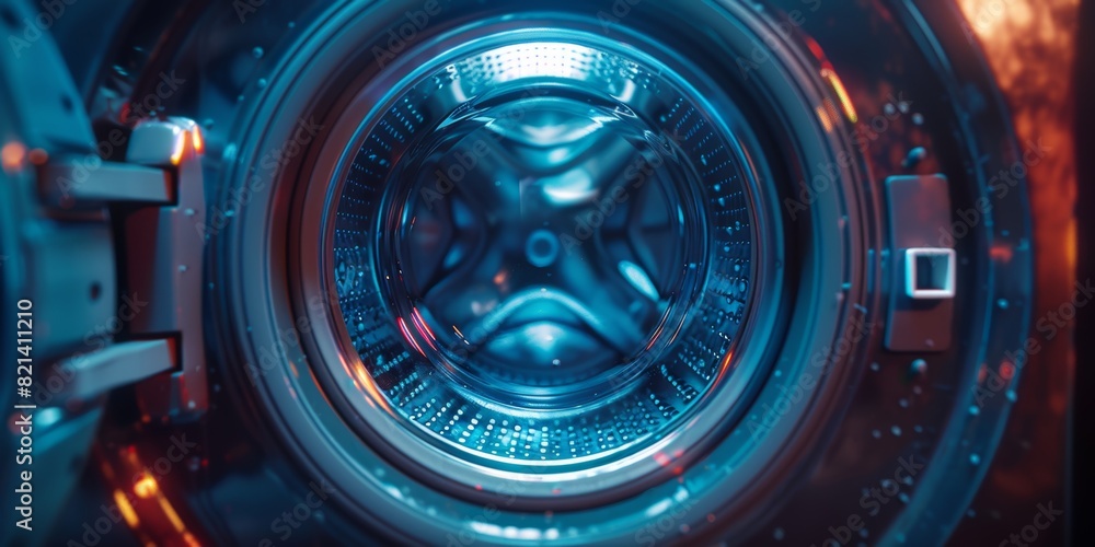 Incredibly detailed close-up view of the interior of a modern washing machine featuring a futuristic and sleek design illuminated with blue lighting Incredibly detailed close-up view of the interior of a modern washing machine featuring a futuristic and sleek design illuminated with blue lighting