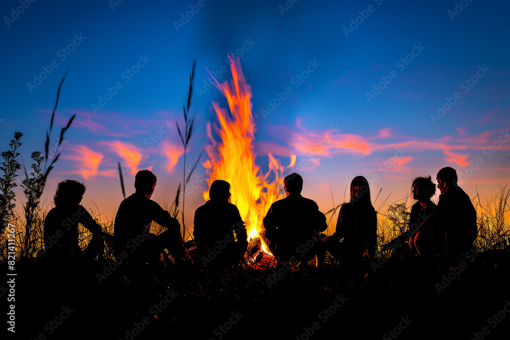 Fototapeta premium Silhouettes of friends gathered around a bonfire, their faces illuminated by the flickering flames. Concept of bonding and togetherness. Generative Ai.