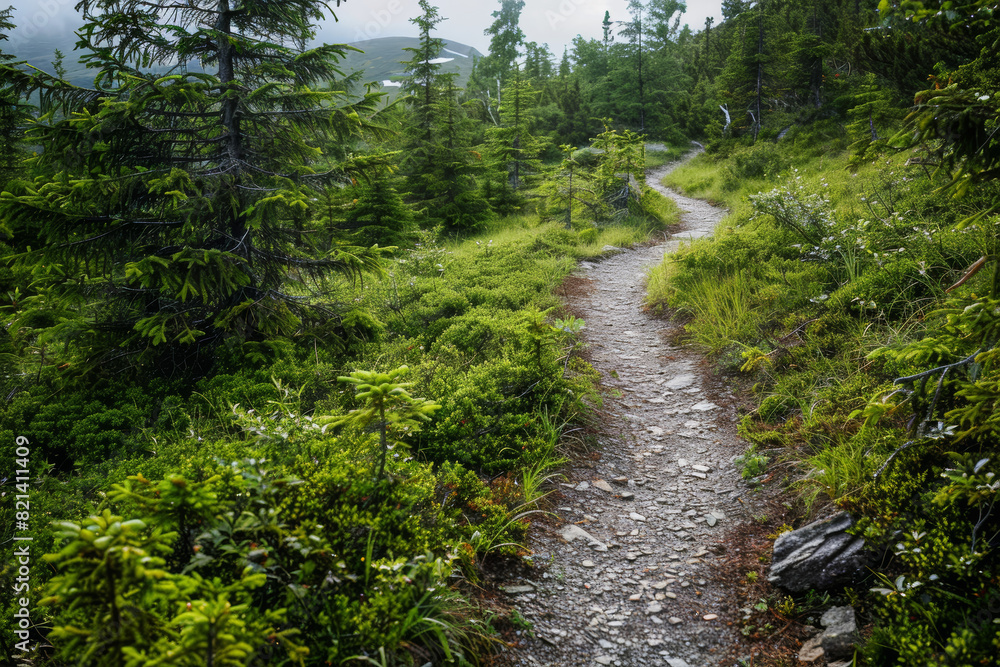A hiking trail winding through the wilderness, with friends trekking side by side, enjoying the beauty of nature together. Concept of adventure and exploration. Generative Ai. A hiking trail winding through the wilderness, with friends trekking side by side, enjoying the beauty of nature together. Concept of adventure and exploration. Generative Ai.