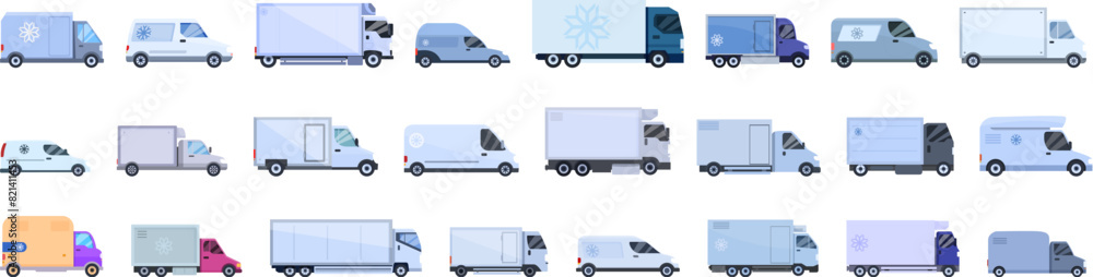 Car refrigerator vector. A row of white trucks with a blue truck in the middle. The trucks are all different sizes and shapes