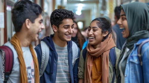 Teenagers laughing together in a school hallway photo