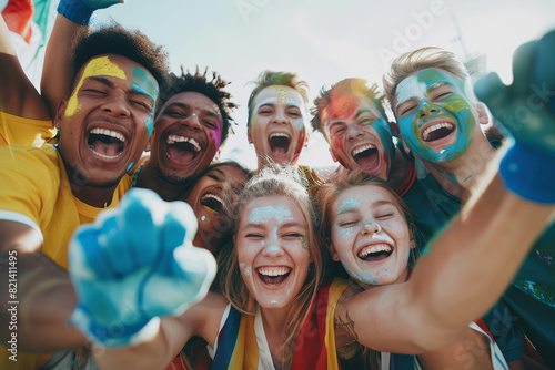 A group of friends huddled together, cheering on their favorite sports team at a stadium, faces painted in team colors. Concept of enthusiasm and fandom. Generative Ai.