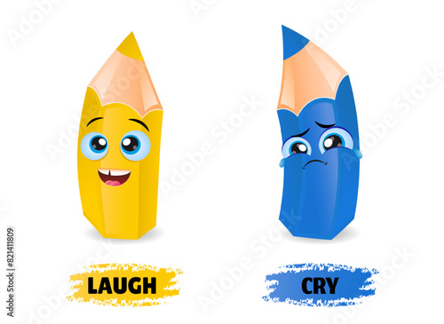 Cry and Laugh Antonyms flashcard vector template. Word card for English language learning with pencil characters. Opposites concept. Sad and Happy pencil characters illustration with typography.