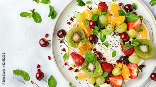 Close-Up of Colorful Fruit Salad with Sour Cream