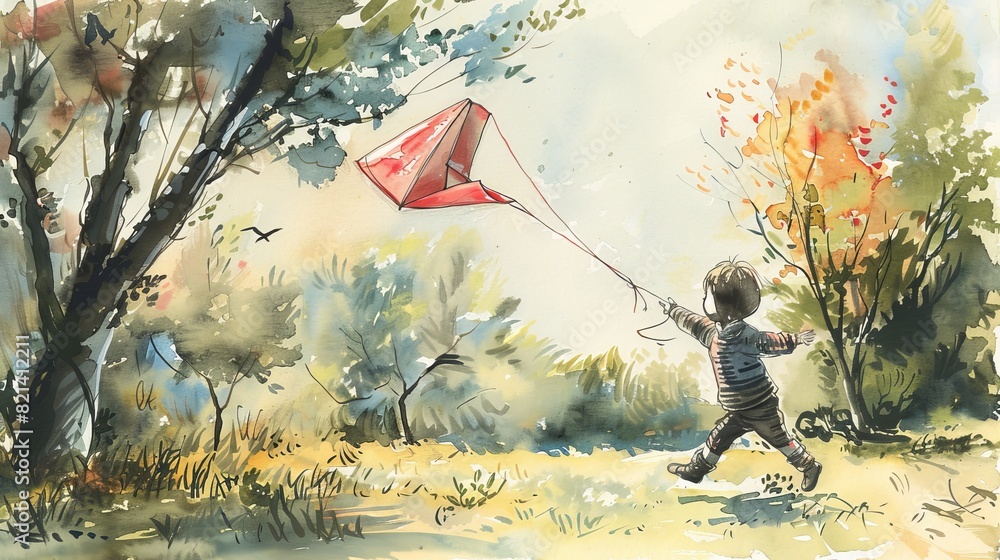 Two boys flying a kite in a watercolor painting for summer and children ...