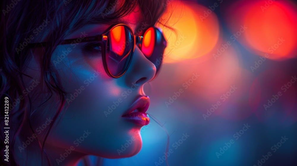 A close-up portrait of a person wearing reflective sunglasses in vibrant neon lights, showcasing a blend of colors and an artistic bokeh background effect A close-up portrait of a person wearing reflective sunglasses in vibrant neon lights, showcasing a blend of colors and an artistic bokeh background effect