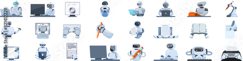 Robot-writer vector. A collection of robot characters with various jobs and tasks. Some are writing, others are typing, and some are using a computer