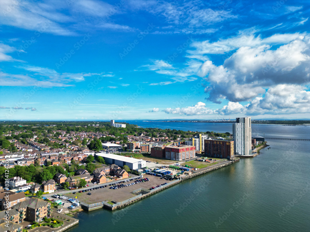 Aerial View of Southampton Port City of South England Coast, United Kingdom. May 16th, 2024 Aerial View of Southampton Port City of South England Coast, United Kingdom. May 16th, 2024