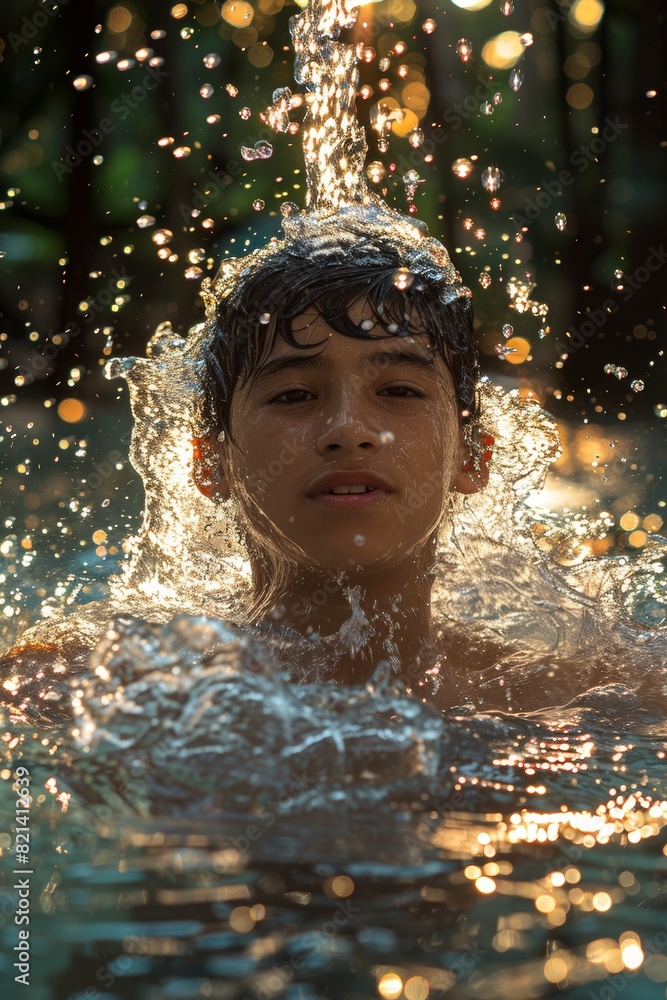 A young boy enjoys a refreshing swim in a serene pool as sunlight filters through the trees, creating a mesmerizing effect with water droplets A young boy enjoys a refreshing swim in a serene pool as sunlight filters through the trees, creating a mesmerizing effect with water droplets