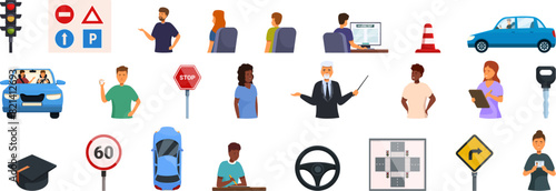 Driving school lessons vector. A collection of icons for various traffic signs and symbols. The icons include a stop sign, a yield sign, a speed limit sign, a pedestrian crossing sign