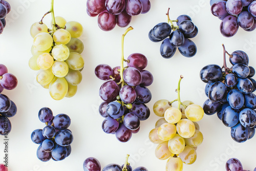 seamless white background, the allure of grapes in a meticulously arranged composition, captured from a top view perspective. Studio lighting bathes the scene in soft, even illumin photo