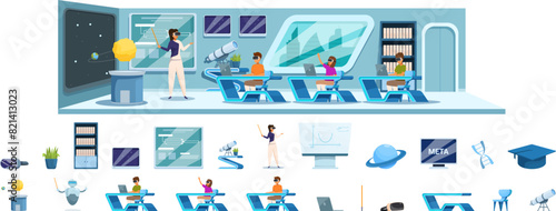 Futuristic school vector. A classroom scene with a teacher and students. The teacher is teaching the students about space and the students are learning about the planets