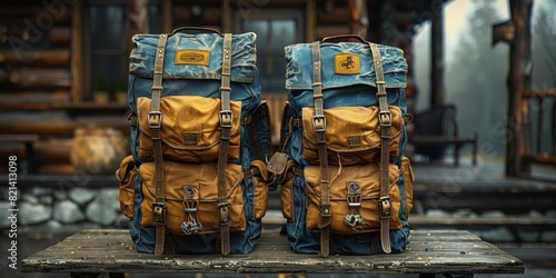 Two rugged, vintage-style backpacks with multiple pockets and buckles are placed on a wooden table in front of a rustic wooden cabin in an outdoor setting