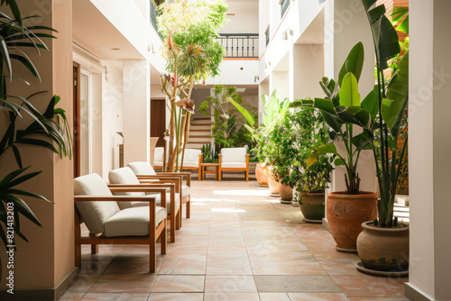 A tranquil courtyard garden tucked away within the hotel grounds, offering guests a serene oasis away from the hustle and bustle of the city. Concept of natural beauty and relaxation. Generative Ai.