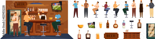 Man beer bar vector. A cartoon image of a bar with a sign that says Beer. There are several people sitting at the bar, some of them drinking beer. The bar has a TV and a refrigerator. Scene is casual