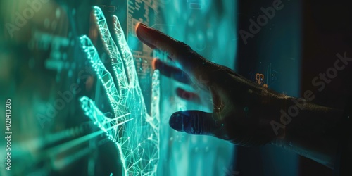 human hand meeting digital ai holograph