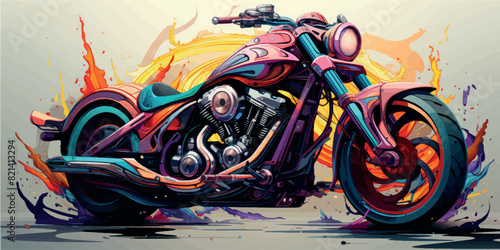 Colorful art paints 3D motorcycle model. Motorcycle picture poster illustration. Moto art. Motorbike print on T-shirts, clothes, fabric, paper, stationery. Rent, purchase, license category A.