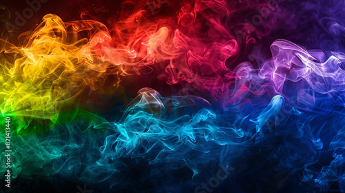 An artistic composition of rainbow-colored smoke forming the shape of a flag against a dark background  representing LGBTQ  pride and diversity  with space for text overlay